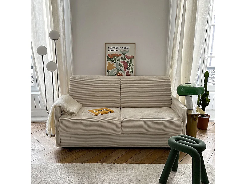 Canapé convertible 3 places en velours côtelé beige - Ouverture express - Couchage quotidien - Matelas HD 140 x 190 - Sienne