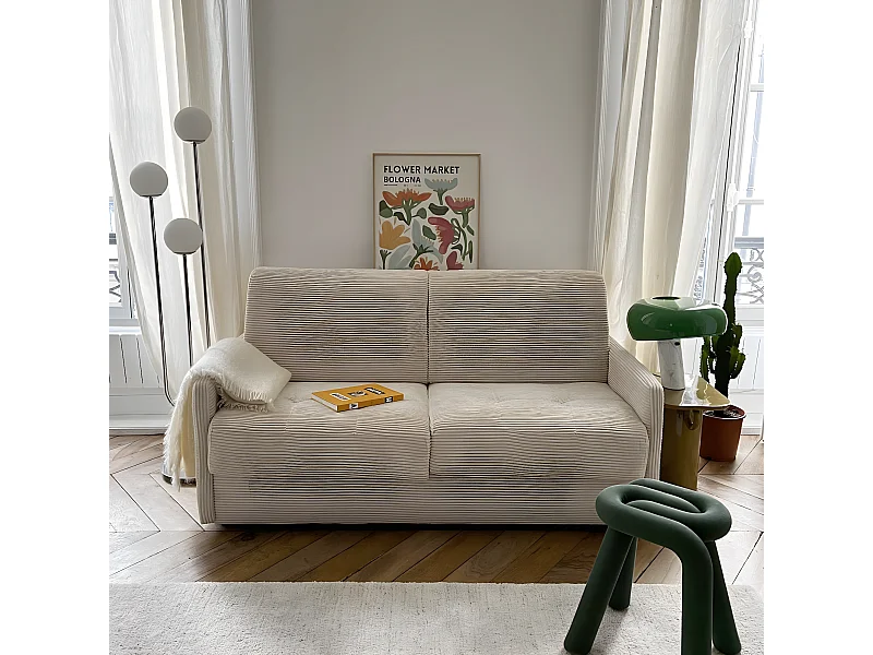 Canapé convertible 3 places en velours côtelé beige - Ouverture express - Couchage quotidien - Matelas HD 140 x 190 - Sienne
