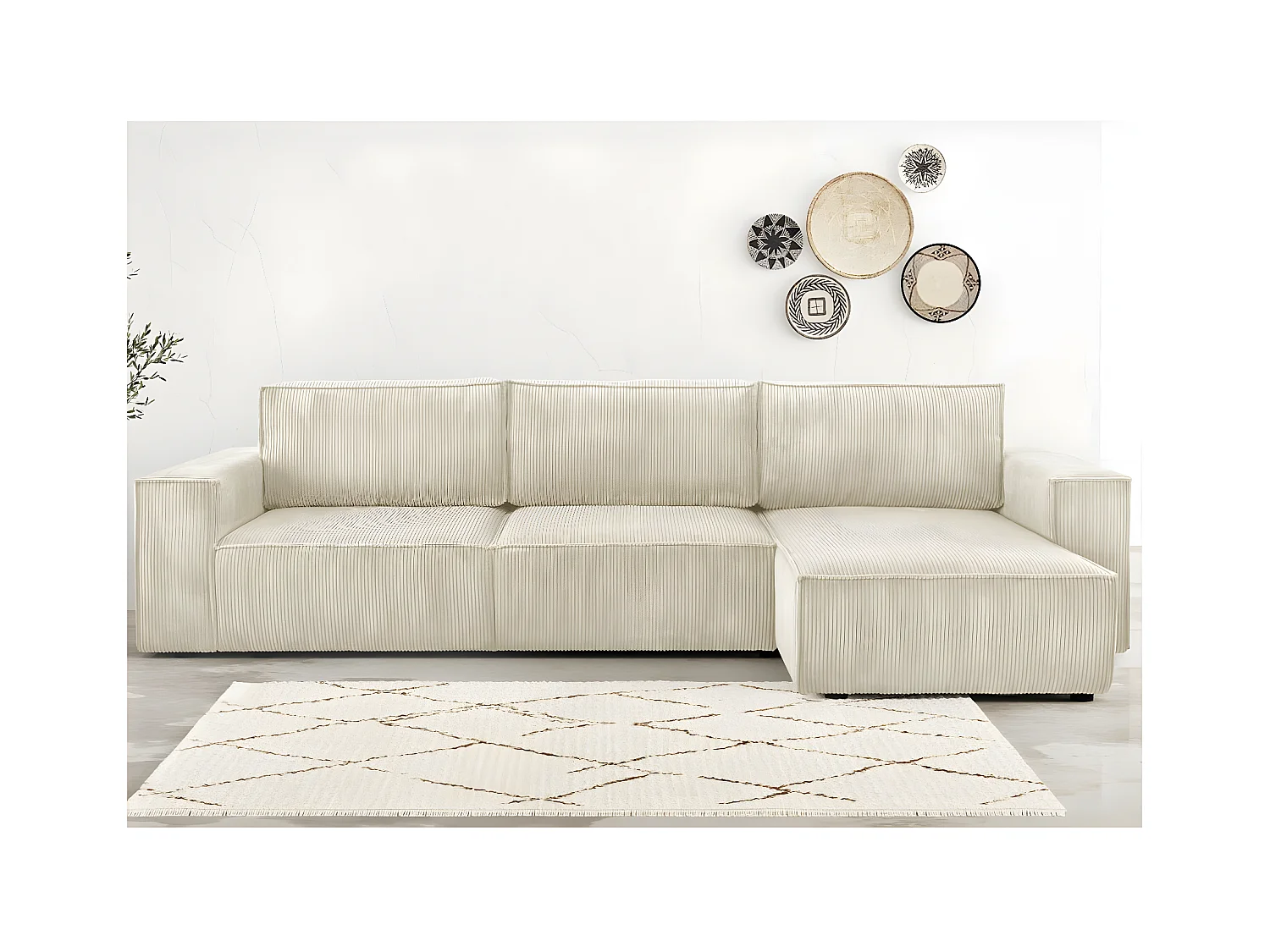 Canapé d'angle convertible réversible 5 places avec coffre de rangement en velours côtelé Beige - Harper