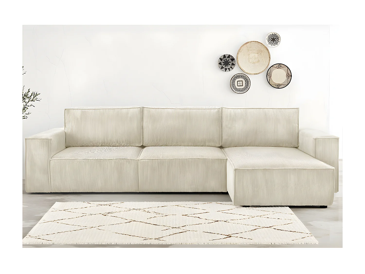 Canapé d'angle convertible réversible 5 places avec coffre de rangement en velours côtelé Beige - Harper