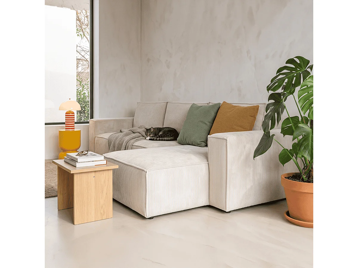 Canapé d'angle convertible 5 places avec coffre en velours beige