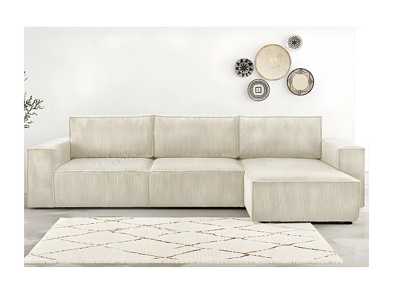 Canapé d'angle convertible réversible 5 places avec coffre de rangement en velours côtelé Beige - Harper