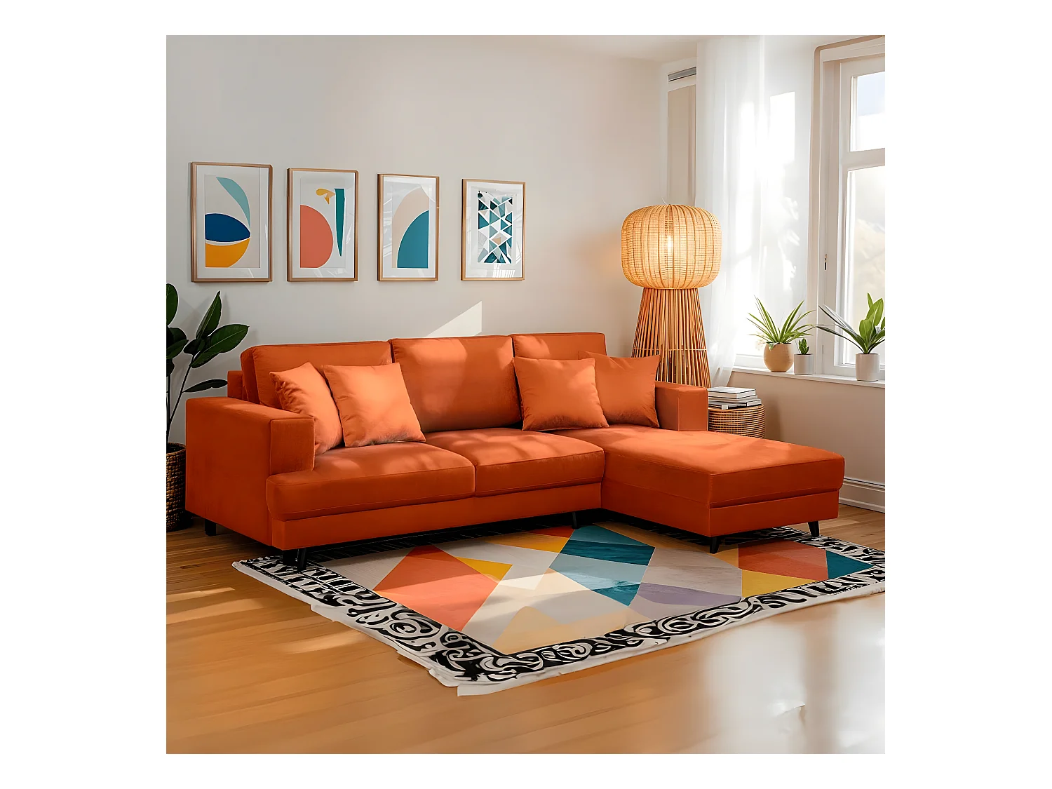 Canapé d'angle droit convertible 4 places en velours rouille - Marceau