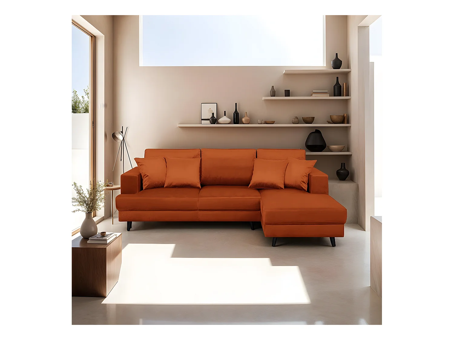 Canapé d'angle droit convertible 4 places en velours rouille - Marceau