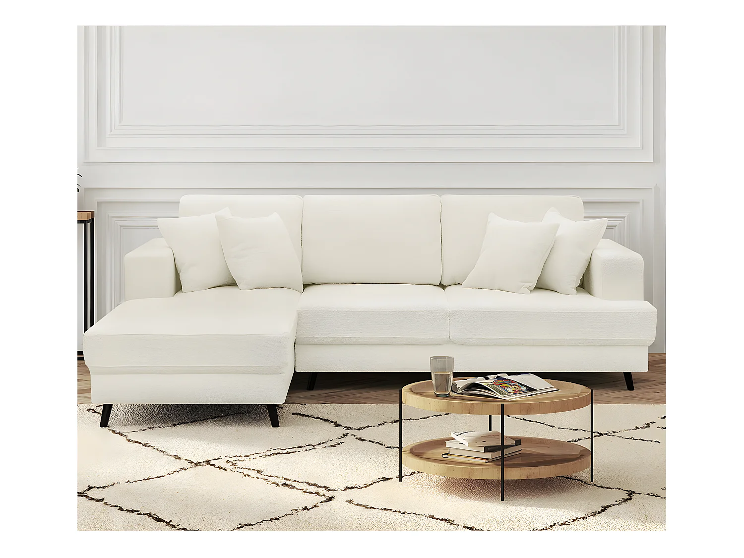 Canapé d'angle à gauche convertible 4 places en tissu bouclette écru - Marceau