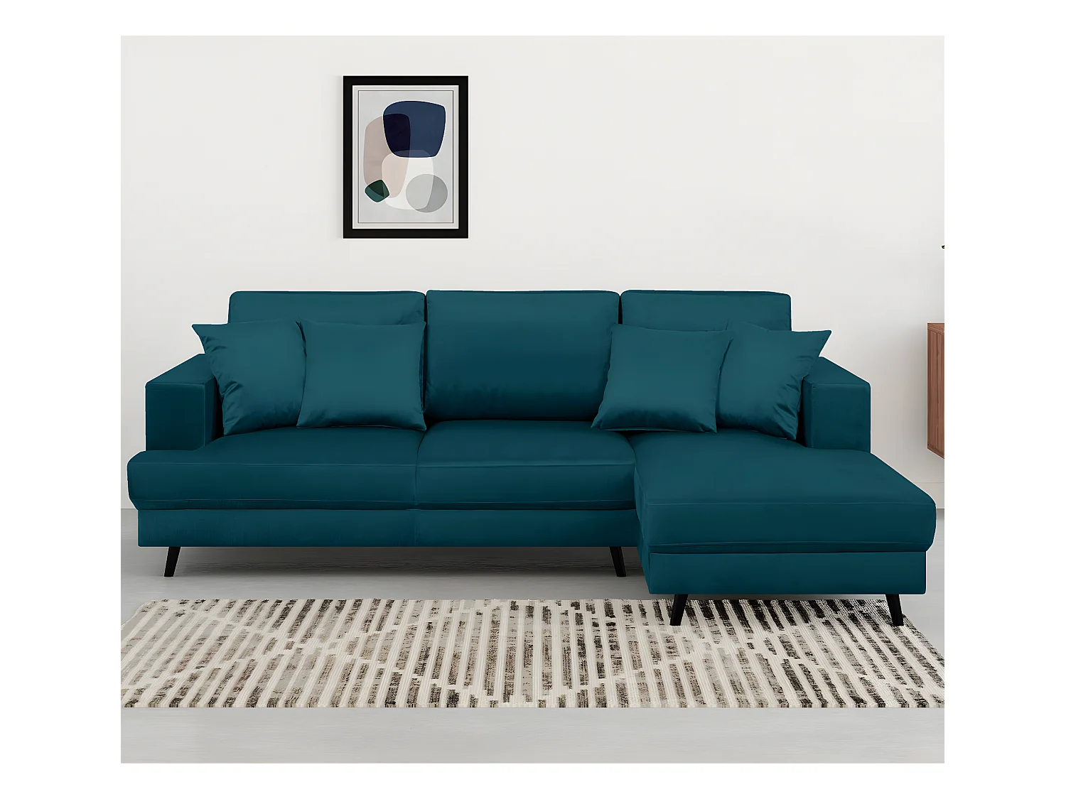 Canapé d'angle droit convertible 4 places en velours bleu canard - Marceau