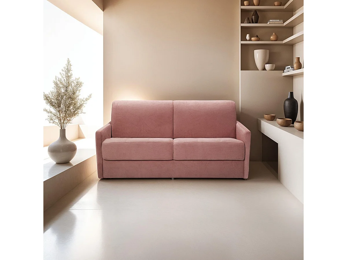 Canapé convertible 3 places en velours fines côtes vieux rose - Ouverture express - Couchage quotidien - Matelas HD 140 - Sienne