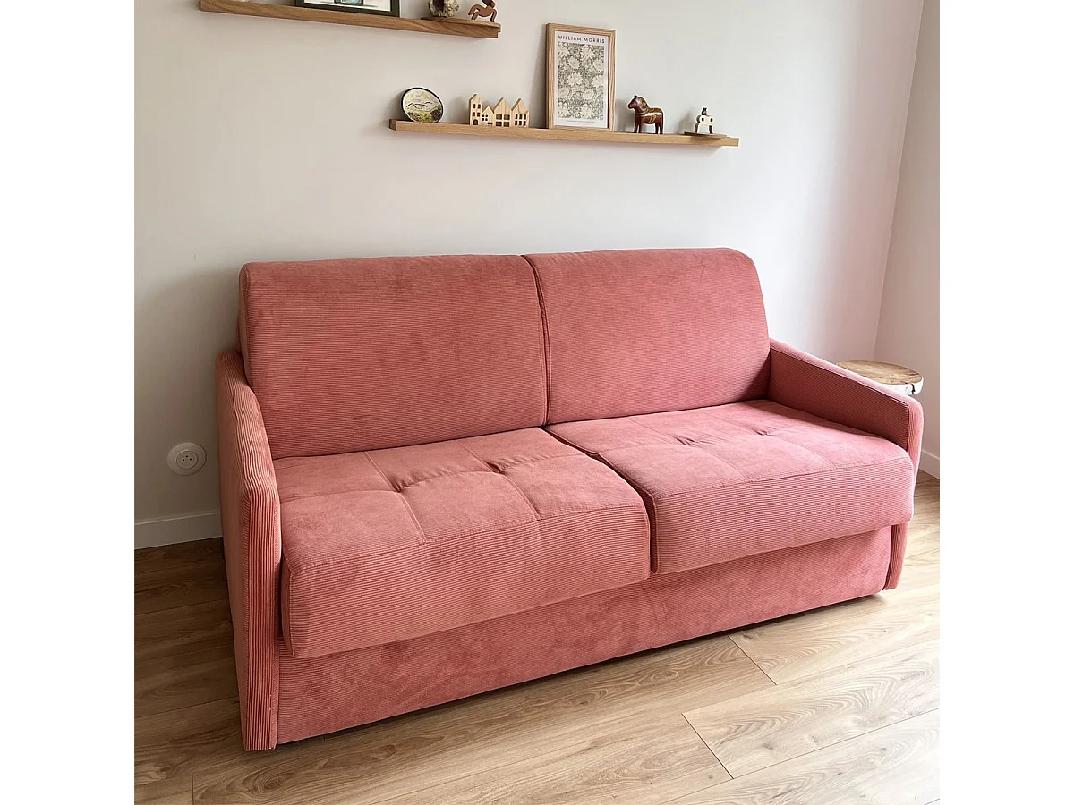Canapé convertible 3 places en velours fines côtes vieux rose - Ouverture express - Couchage quotidien - Matelas HD 140 - Sienne