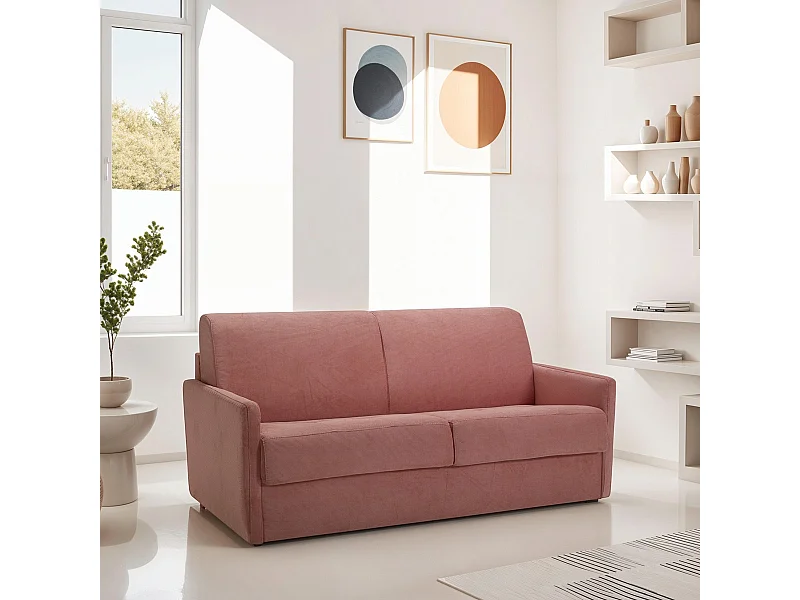 Canapé convertible 3 places en velours fines côtes vieux rose - Ouverture express - Couchage quotidien - Matelas HD 140 - Sienne