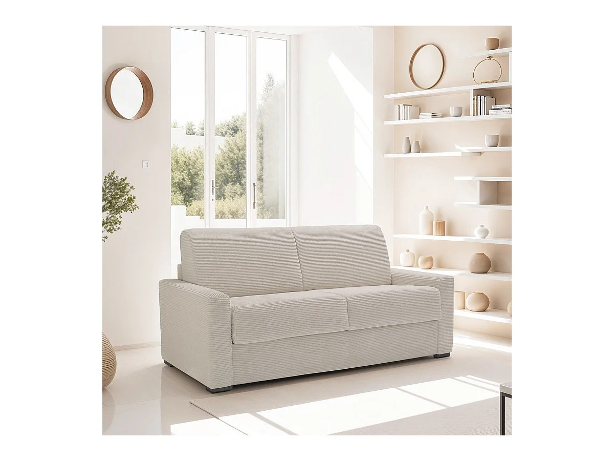 Canapé convertible 3 places en velours côtelé beige - Ouverture express - Anzio