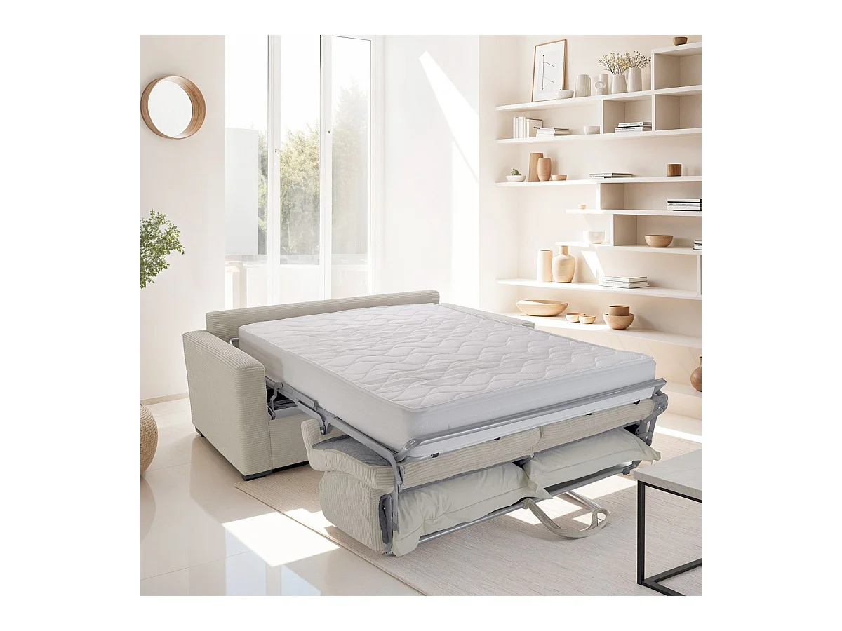 Canapé convertible 3 places en velours côtelé beige - Ouverture express - Anzio