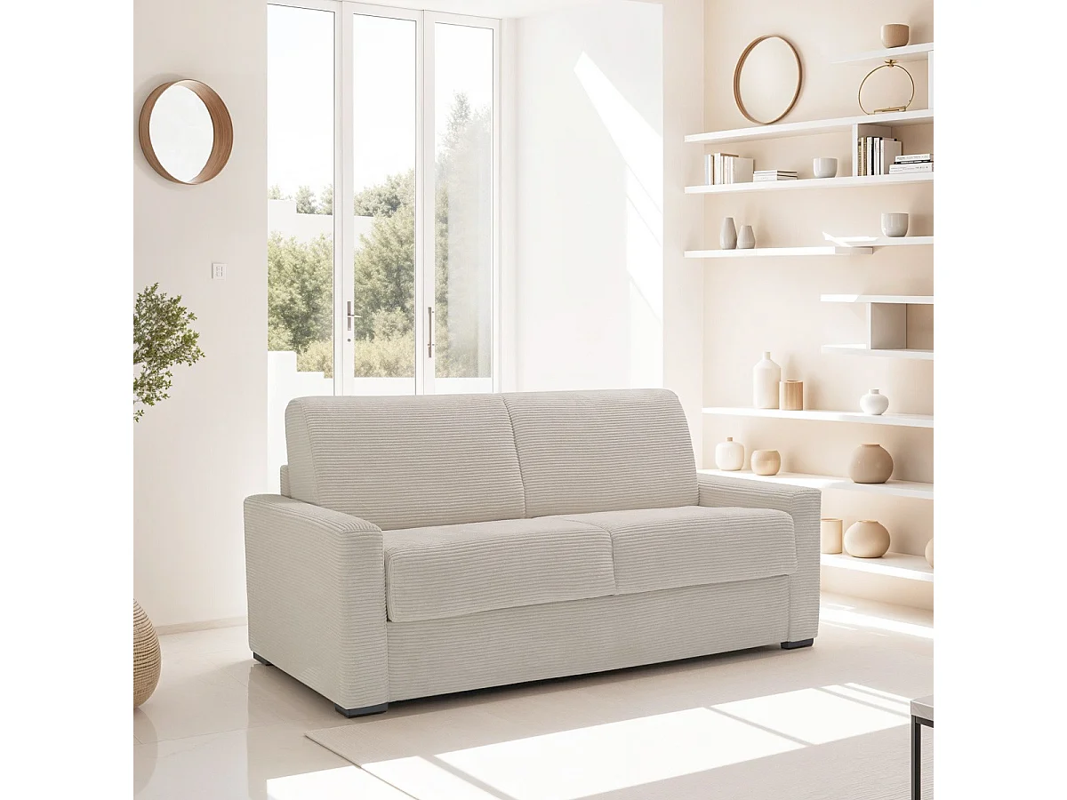 Canapé convertible 3 places en velours côtelé beige - Ouverture express - Anzio