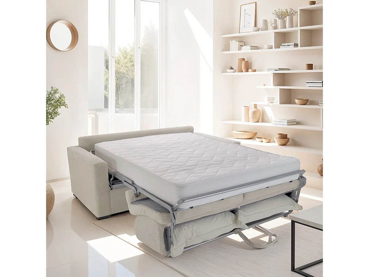 Canapé convertible 3 places en velours côtelé beige - Ouverture express - Anzio