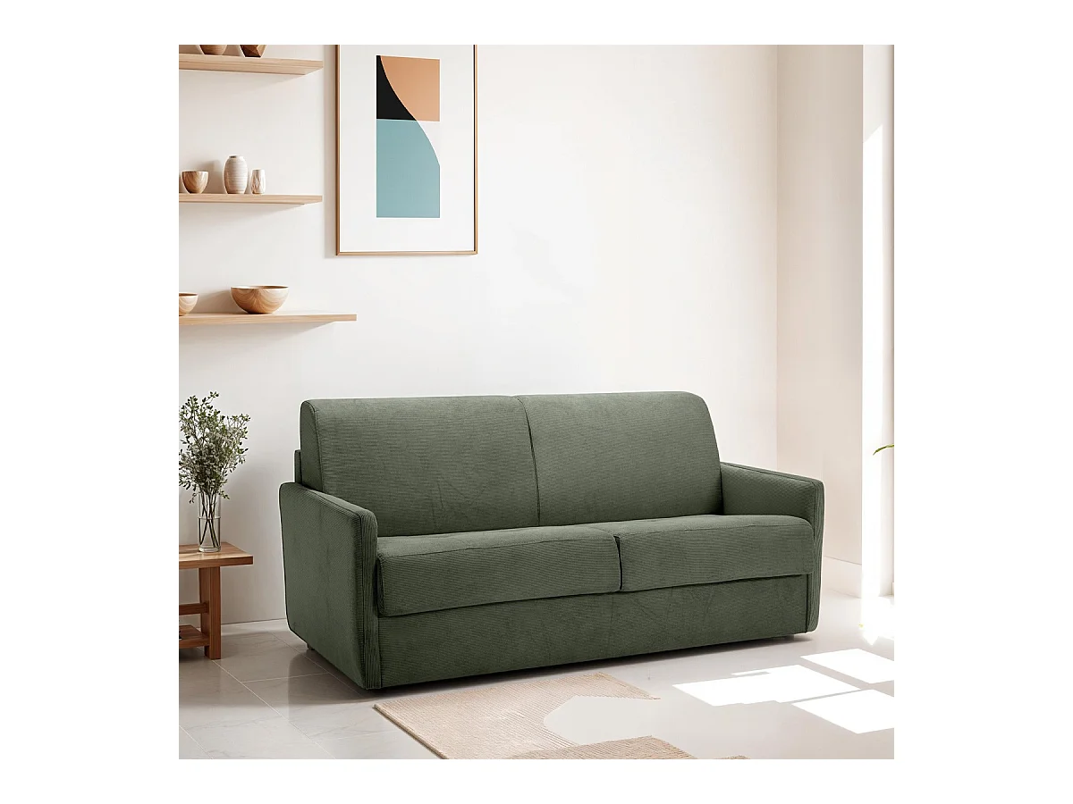 Canapé convertible 3 places en velours fines côtes vert - Ouverture express - Couchage quotidien - Matelas HD 140 x 190 - Sienne