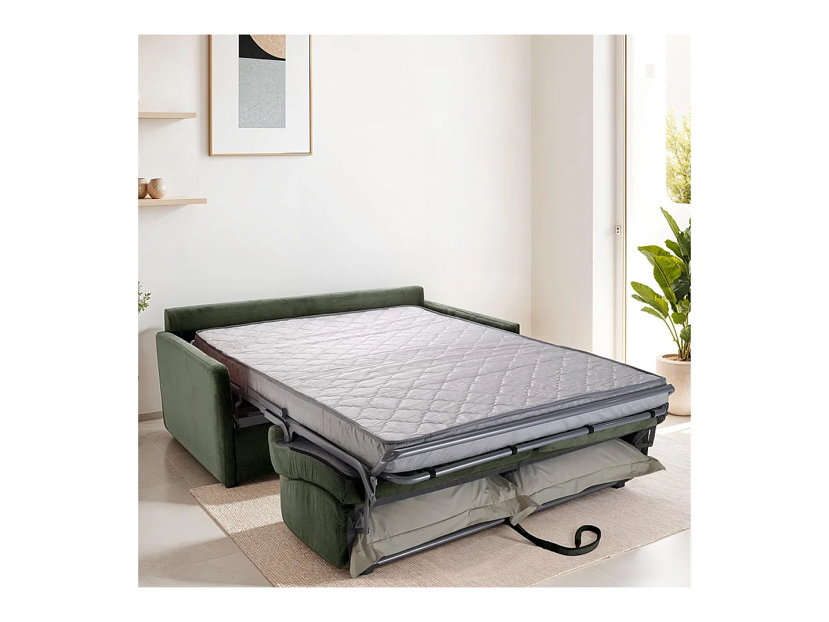 Canapé convertible 3 places en velours fines côtes vert - Ouverture express - Couchage quotidien - Matelas HD 140 x 190 - Sienne