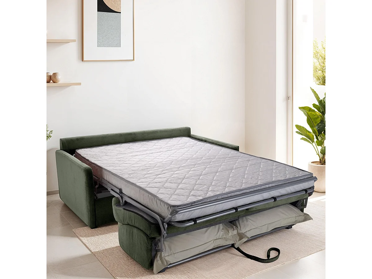 Canapé convertible 3 places en velours fines côtes vert - Ouverture express - Couchage quotidien - Matelas HD 140 x 190 - Sienne