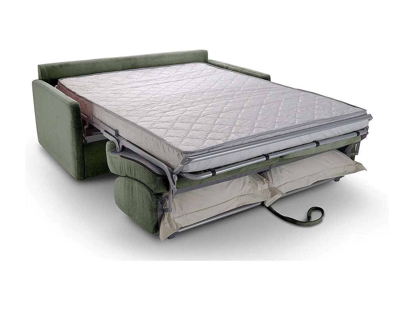 Canapé convertible 3 places en velours fines côtes vert - Ouverture express - Couchage quotidien - Matelas HD 140 x 190 - Sienne