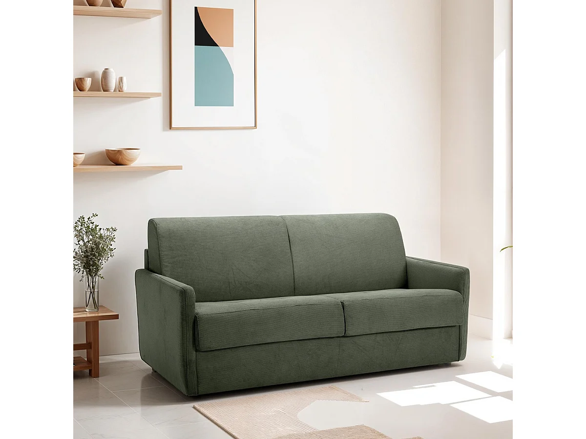 Canapé convertible 3 places en velours fines côtes vert - Ouverture express - Couchage quotidien - Matelas HD 140 x 190 - Sienne