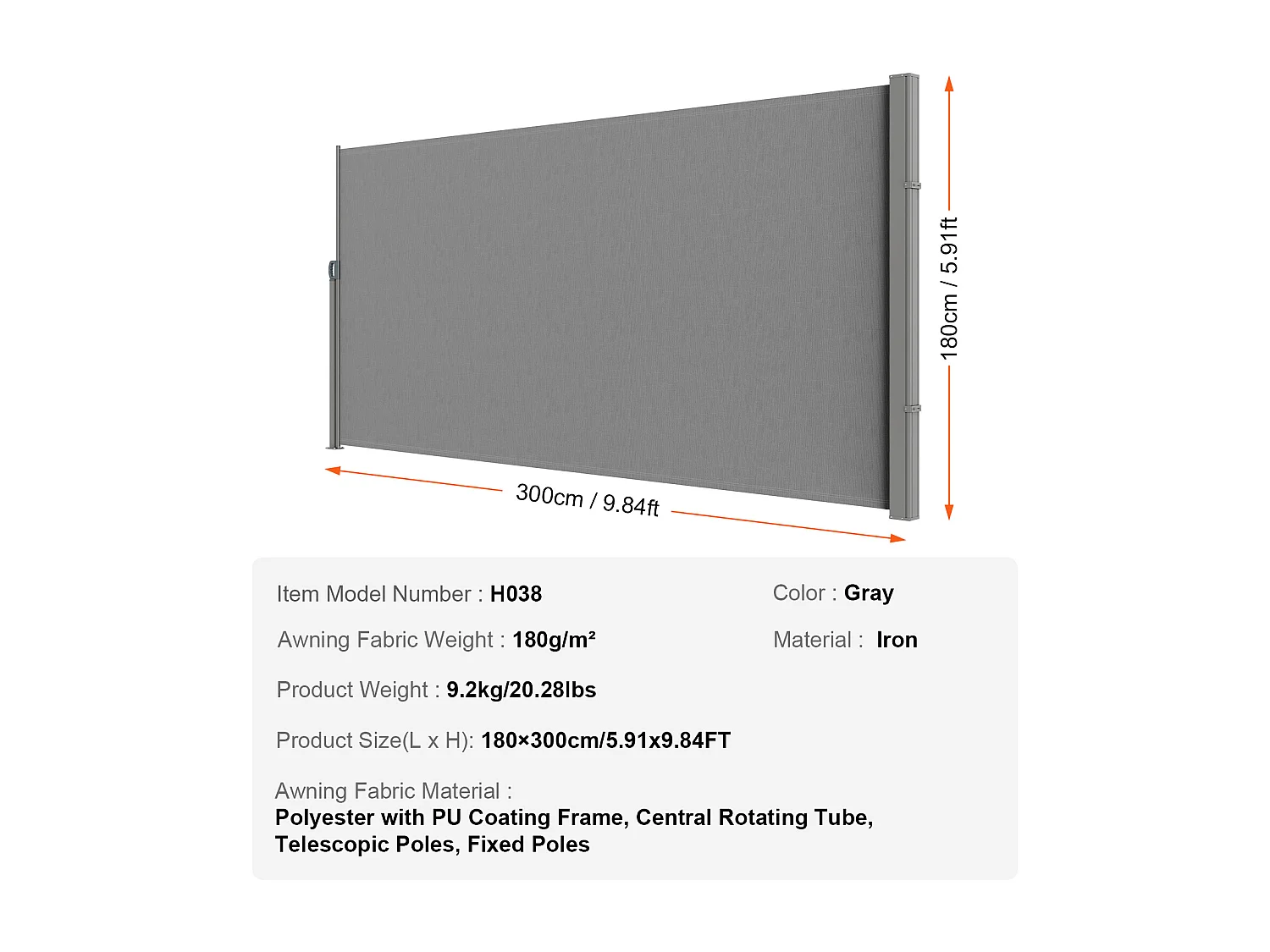 Toldo Lateral Retractil SucceBuy, 180 x 300 cm, Valla de Separación para Patio, Jardín Trasero, Balcón