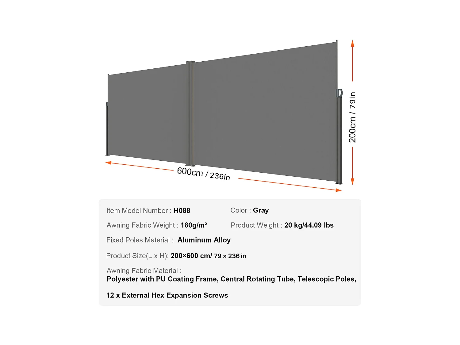 Auvent Latéral Rétractable SucceBuy, 200 x 600 cm, Clôture de Séparation pour Patio