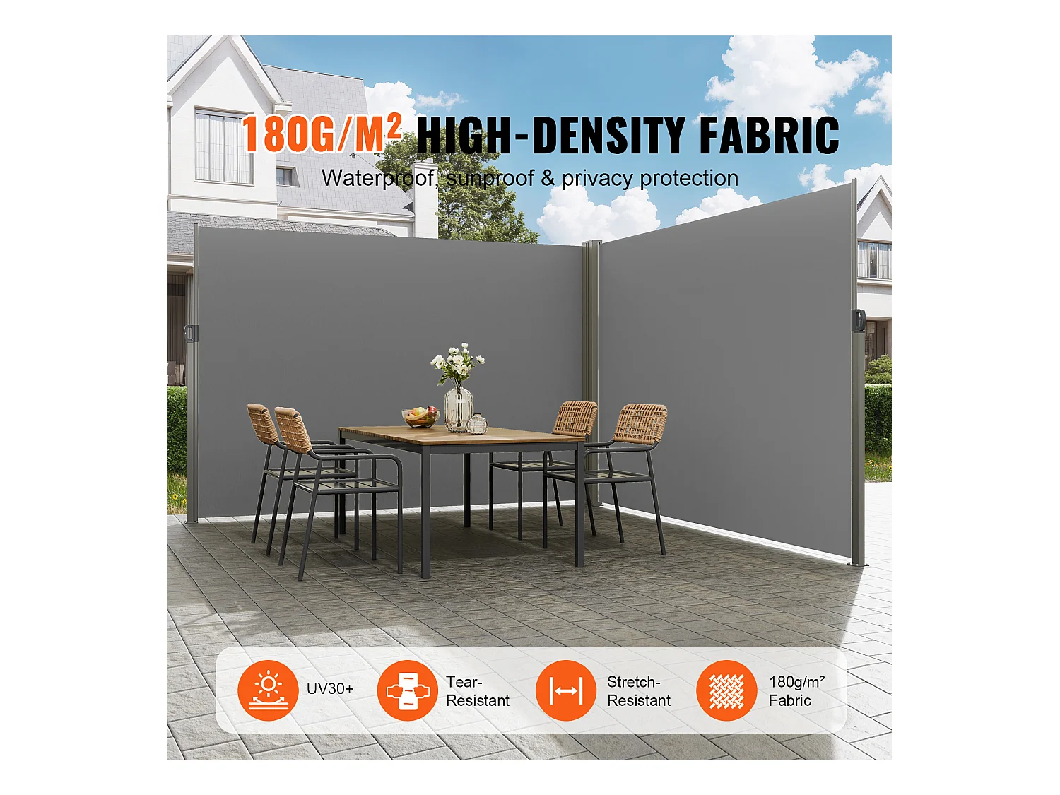 Auvent Latéral Rétractable SucceBuy, 200 x 600 cm, Clôture de Séparation pour Patio