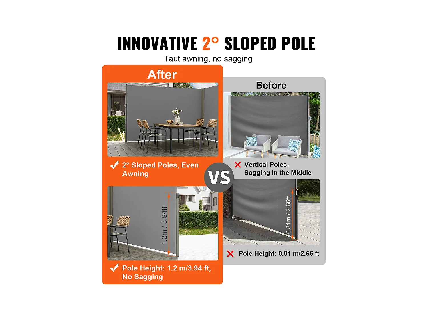 Auvent Latéral Rétractable SucceBuy, 200 x 600 cm, Clôture de Séparation pour Patio