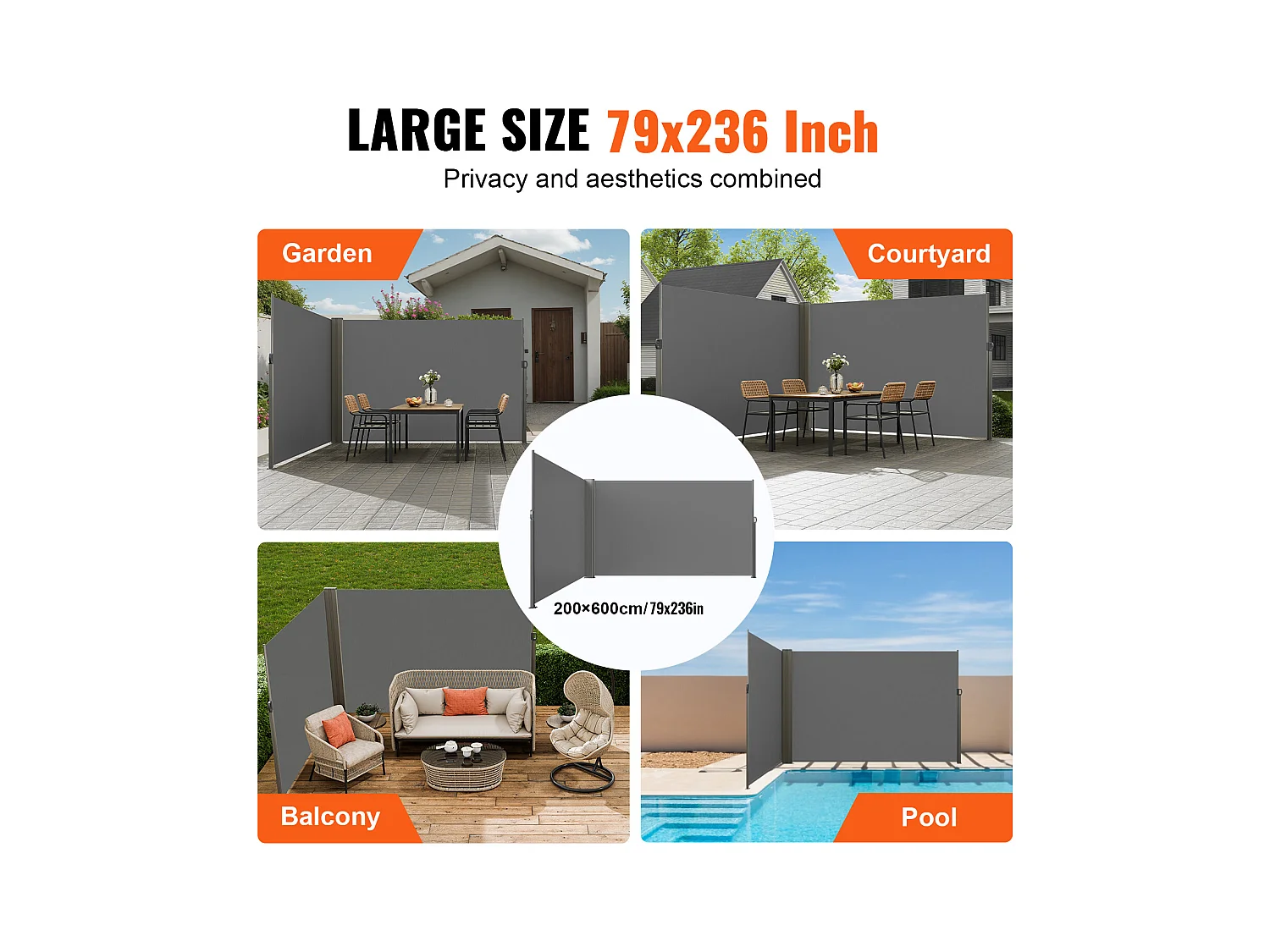 Auvent Latéral Rétractable SucceBuy, 200 x 600 cm, Clôture de Séparation pour Patio