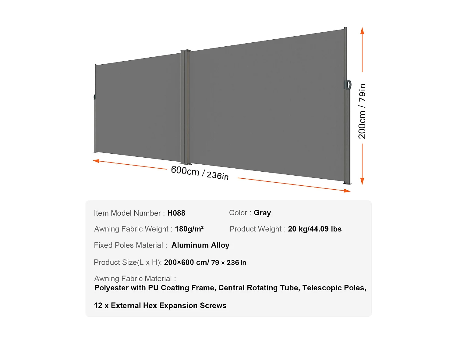 Auvent Latéral Rétractable SucceBuy, 200 x 600 cm, Clôture de Séparation pour Patio