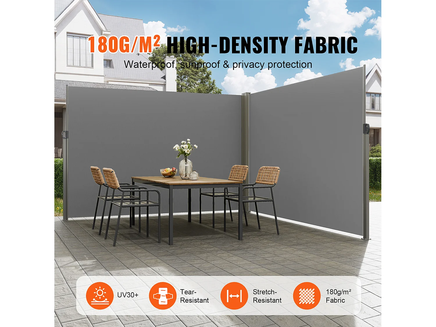 Auvent Latéral Rétractable SucceBuy, 200 x 600 cm, Clôture de Séparation pour Patio