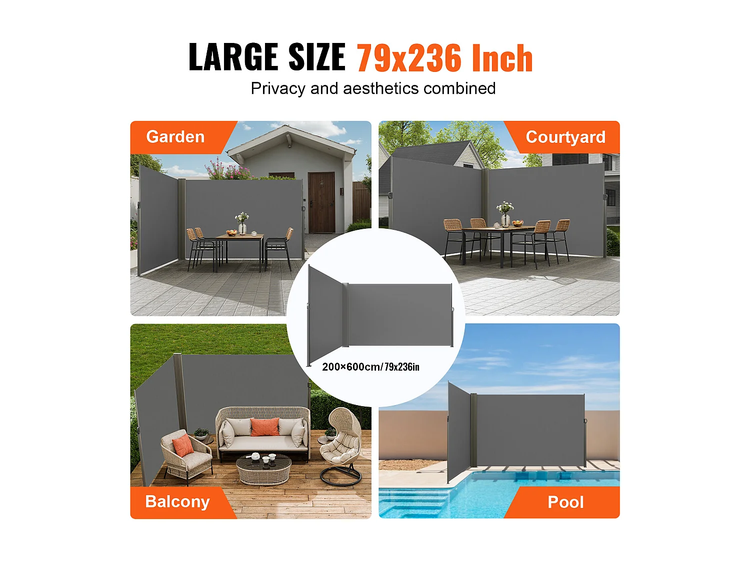 Auvent Latéral Rétractable SucceBuy, 200 x 600 cm, Clôture de Séparation pour Patio