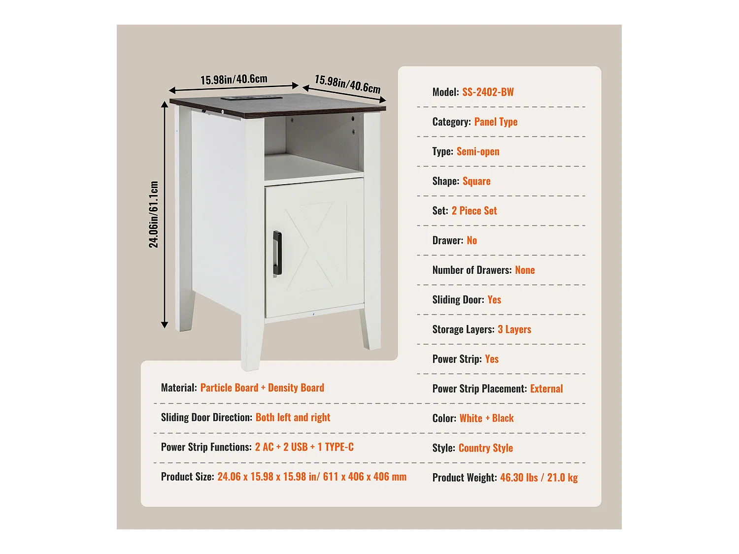 Table d'Appoint SucceBuy, Lot de 2, 3 Niveaux, Blanc, avec Prises USB et Éclairage LED