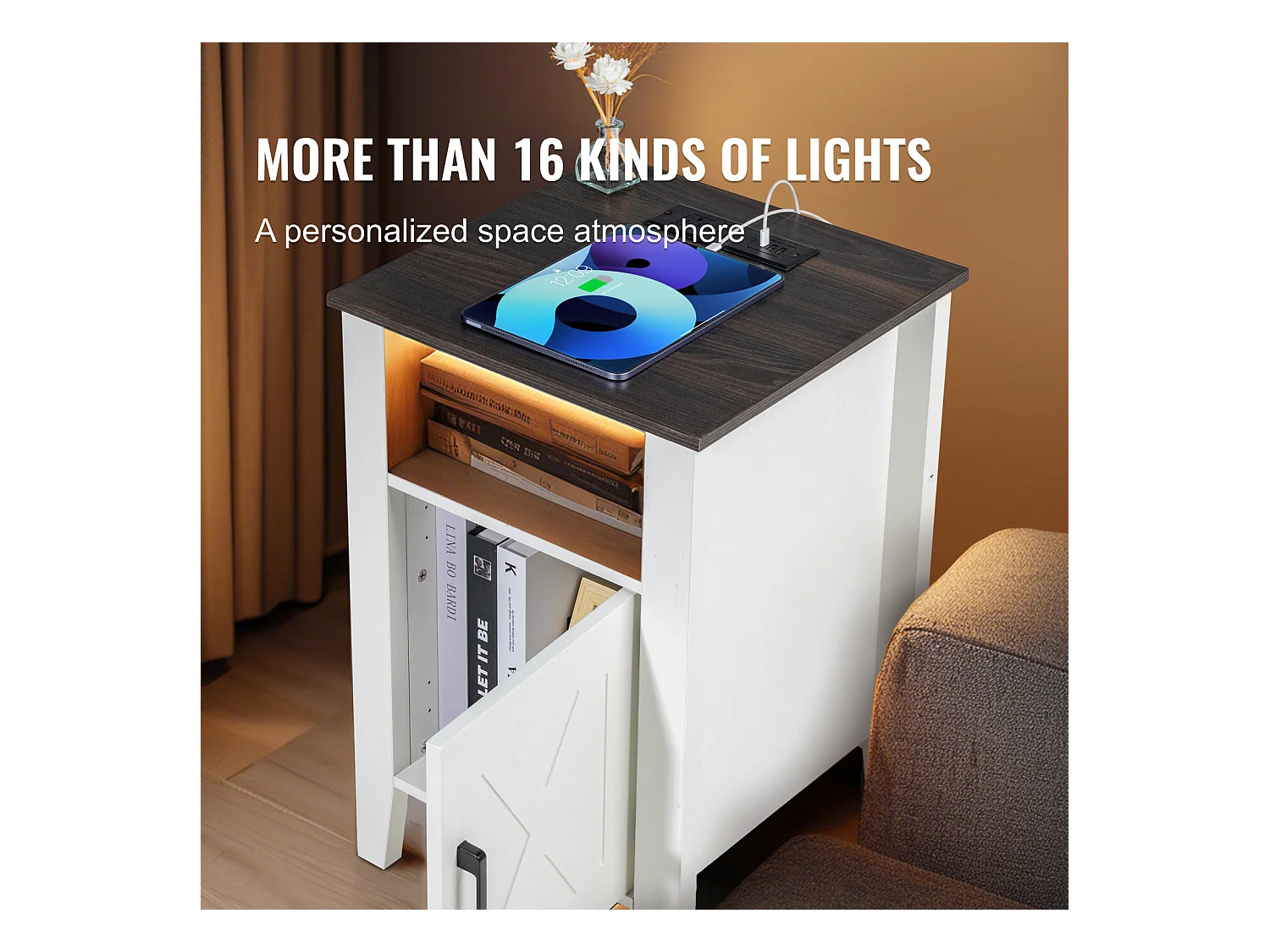 Table d'Appoint SucceBuy, Lot de 2, 3 Niveaux, Blanc, avec Prises USB et Éclairage LED