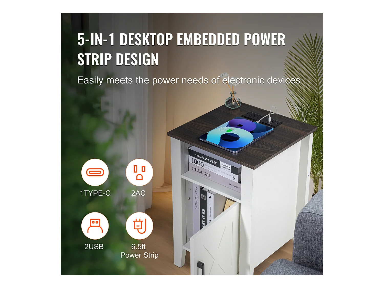 Table d'Appoint SucceBuy, Lot de 2, 3 Niveaux, Blanc, avec Prises USB et Éclairage LED