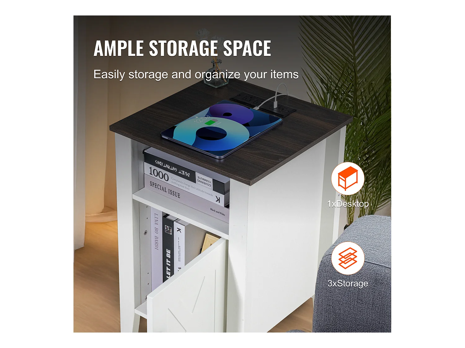 Table d'Appoint SucceBuy, Lot de 2, 3 Niveaux, Blanc, avec Prises USB et Éclairage LED