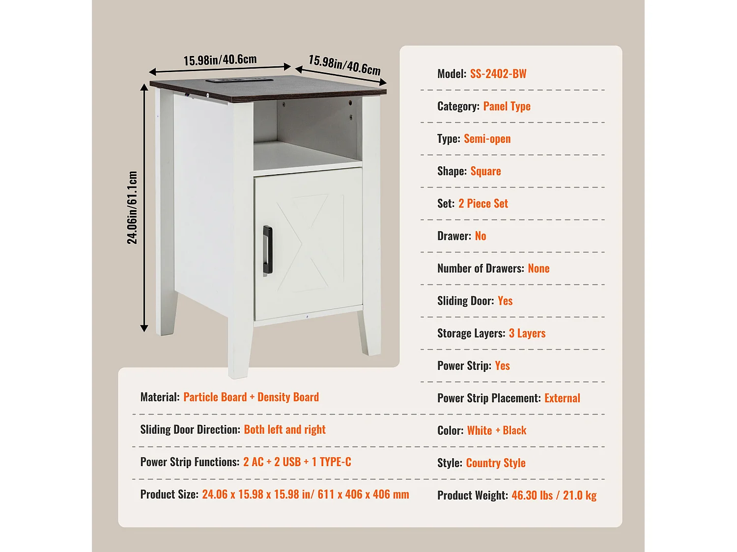 Table d'Appoint SucceBuy, Lot de 2, 3 Niveaux, Blanc, avec Prises USB et Éclairage LED