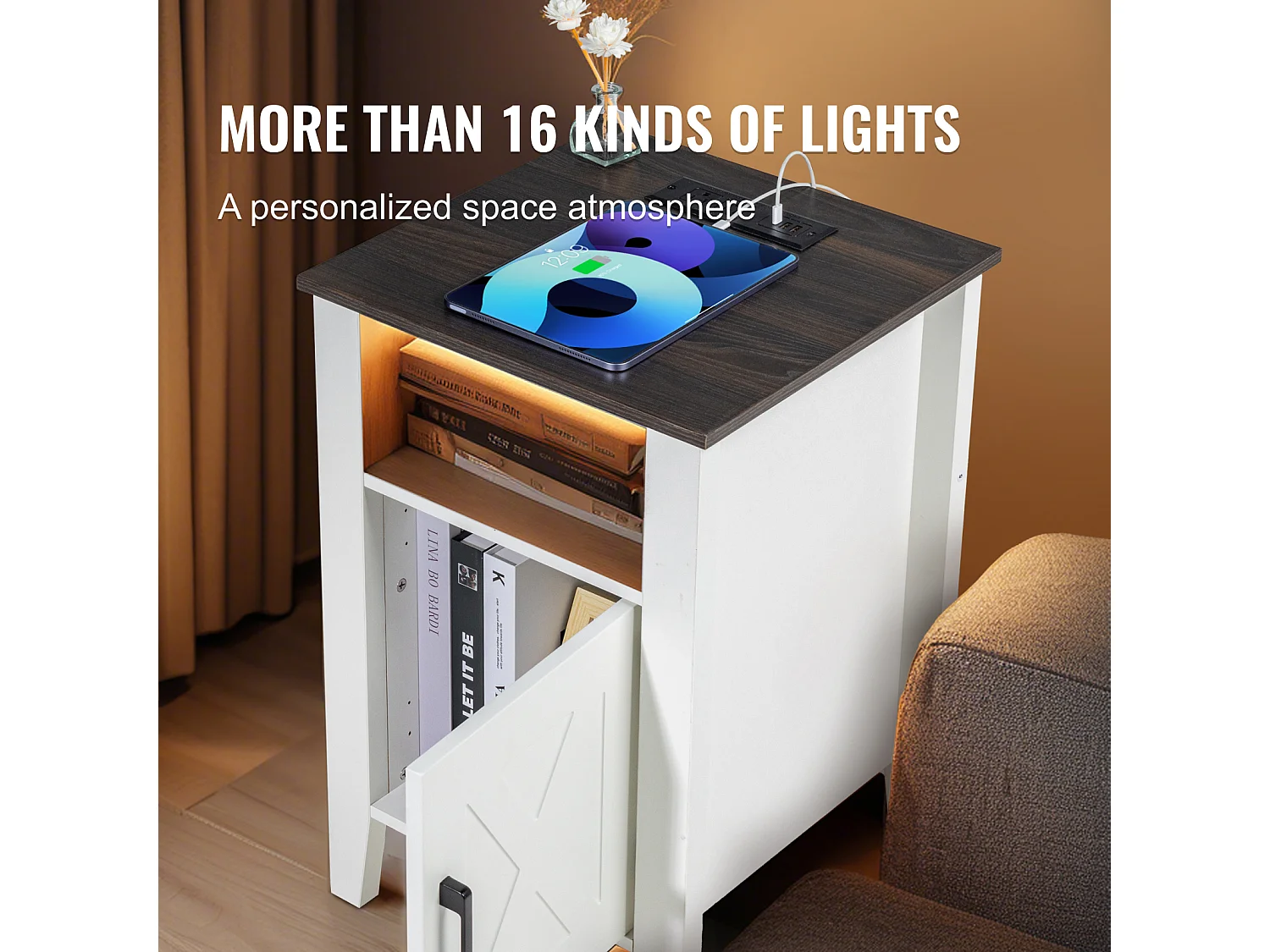 Table d'Appoint SucceBuy, Lot de 2, 3 Niveaux, Blanc, avec Prises USB et Éclairage LED