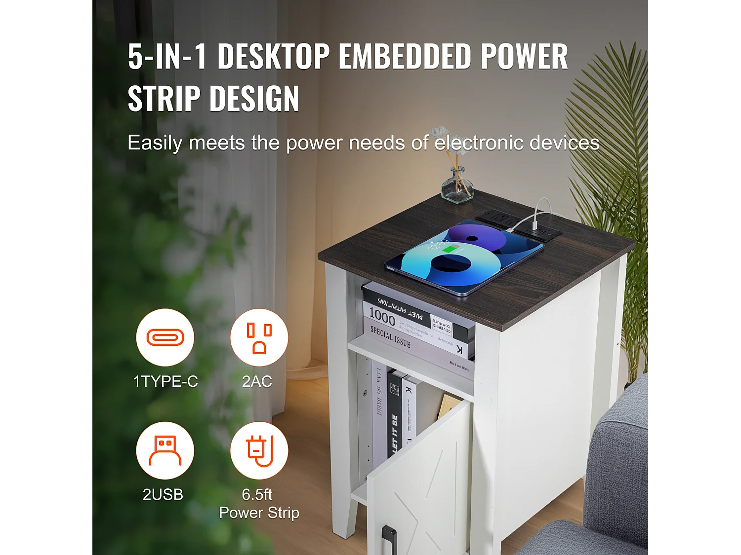 Table d'Appoint SucceBuy, Lot de 2, 3 Niveaux, Blanc, avec Prises USB et Éclairage LED