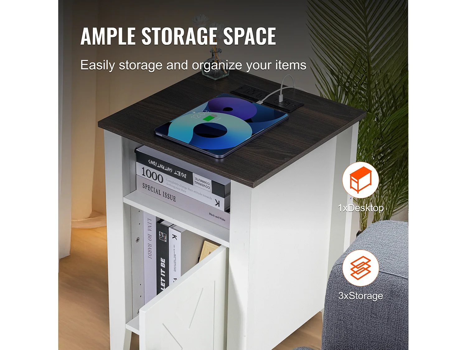 Table d'Appoint SucceBuy, Lot de 2, 3 Niveaux, Blanc, avec Prises USB et Éclairage LED