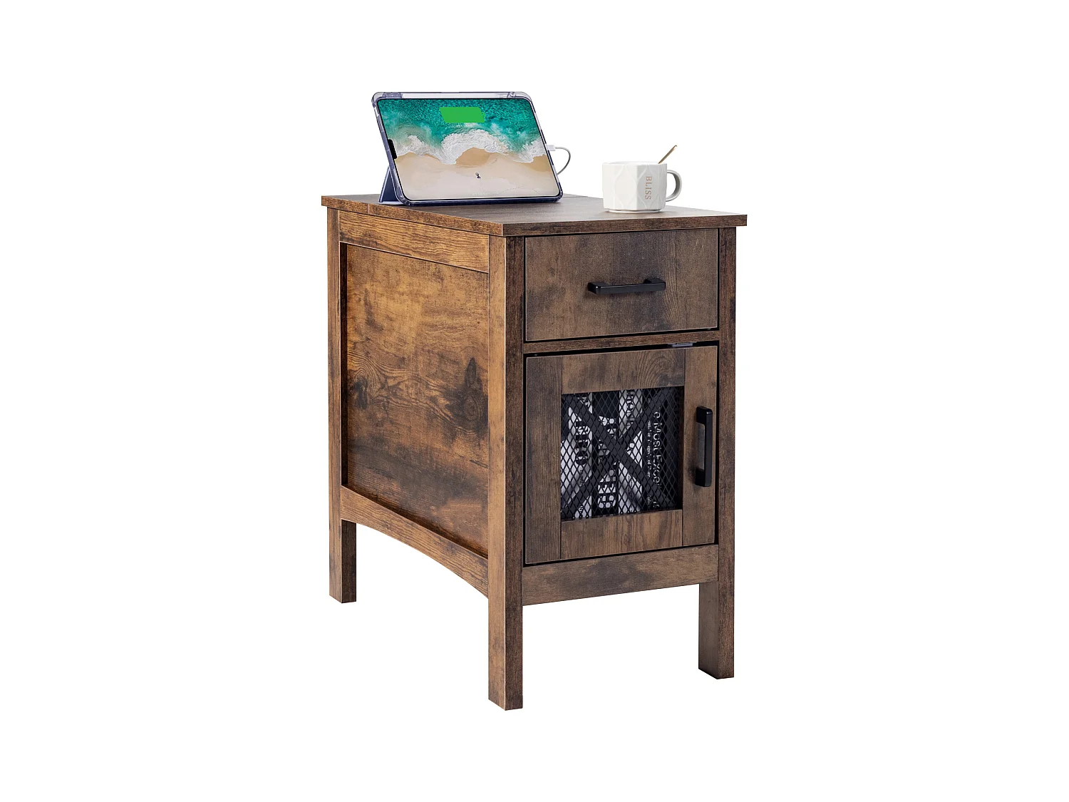 Table d'Appoint SucceBuy, Table d'Appoint Farmhouse avec USB, Rangement à 3 Niveaux, Burlywood