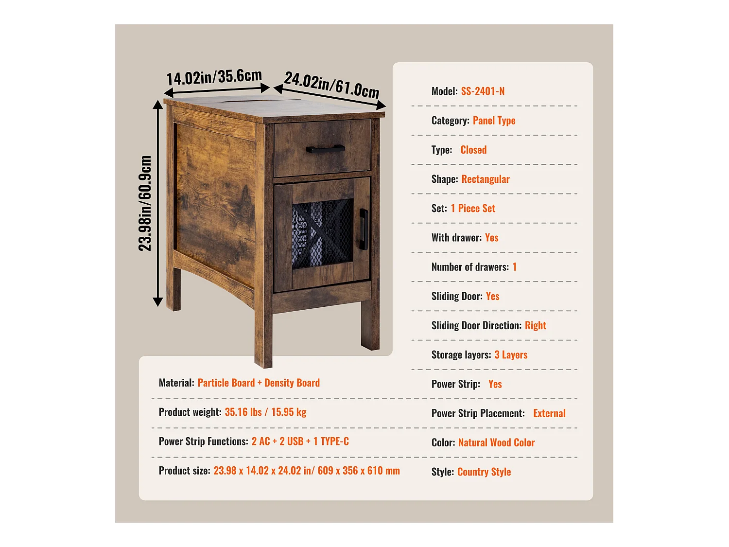 Table d'Appoint SucceBuy, Table d'Appoint Farmhouse avec USB, Rangement à 3 Niveaux, Burlywood