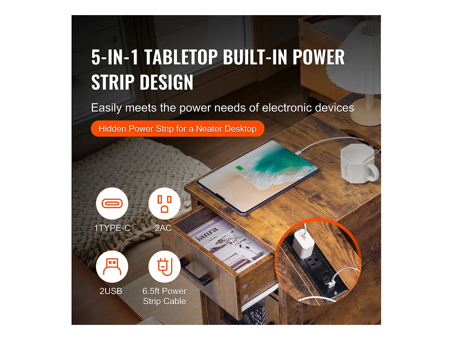 Table d'Appoint SucceBuy, Table d'Appoint Farmhouse avec USB, Rangement à 3 Niveaux, Burlywood