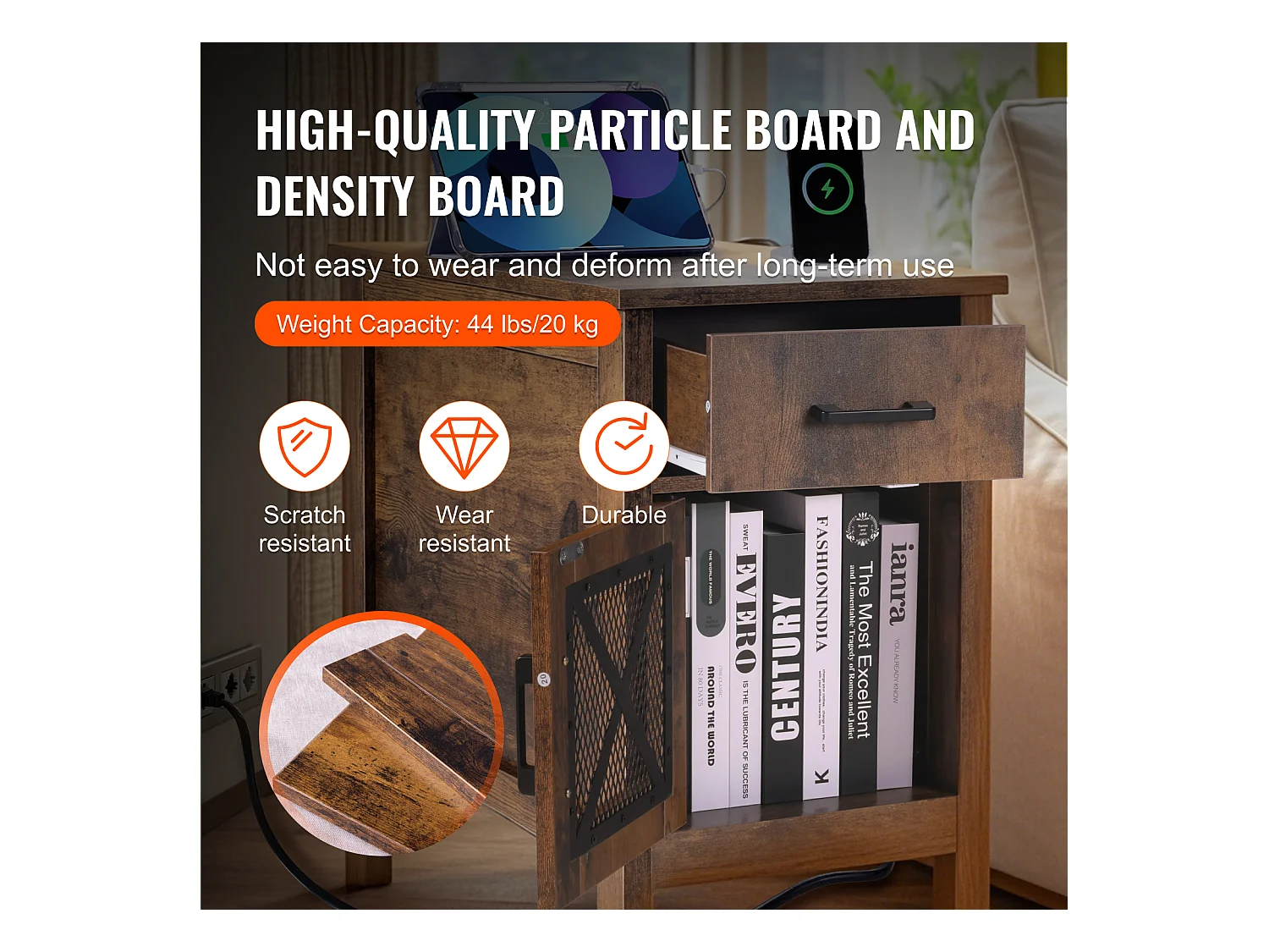 Table d'Appoint SucceBuy, Table d'Appoint Farmhouse avec USB, Rangement à 3 Niveaux, Burlywood