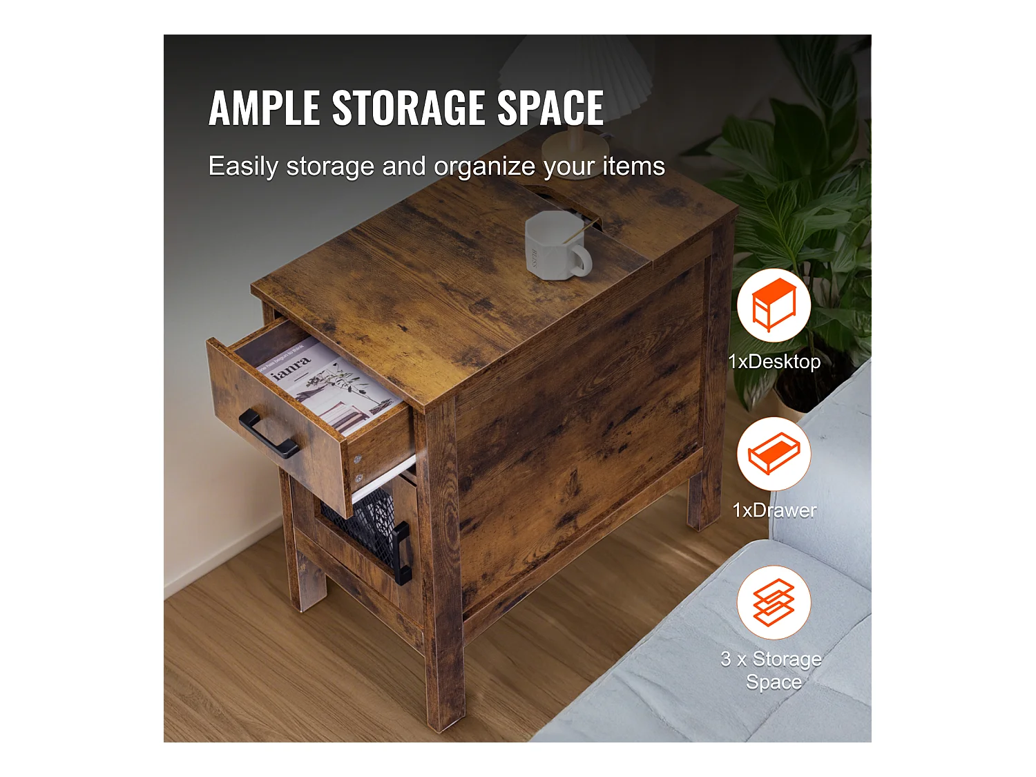 Table d'Appoint SucceBuy, Table d'Appoint Farmhouse avec USB, Rangement à 3 Niveaux, Burlywood