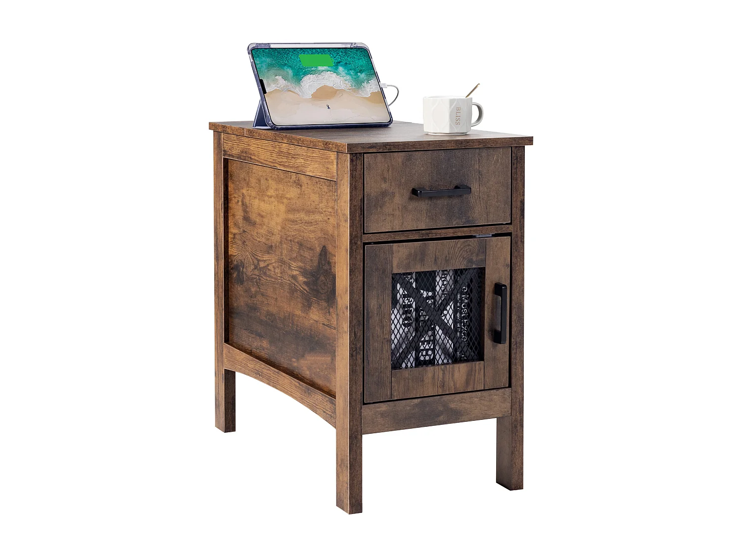 Table d'Appoint SucceBuy, Table d'Appoint Farmhouse avec USB, Rangement à 3 Niveaux, Burlywood