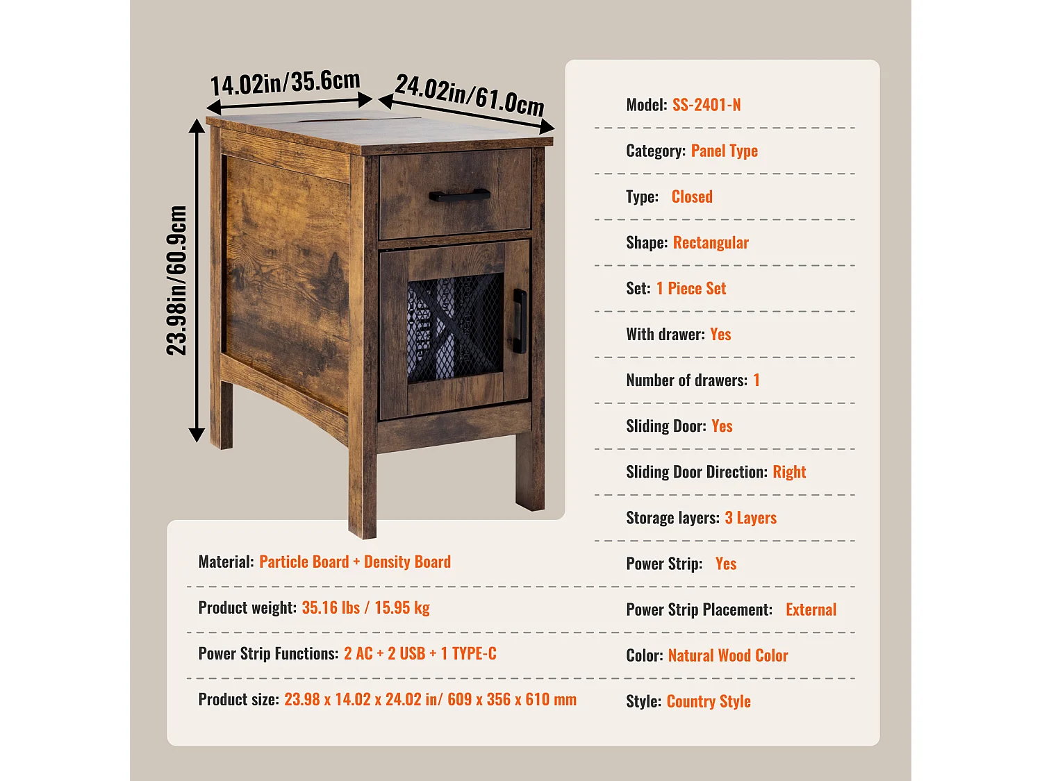 Table d'Appoint SucceBuy, Table d'Appoint Farmhouse avec USB, Rangement à 3 Niveaux, Burlywood