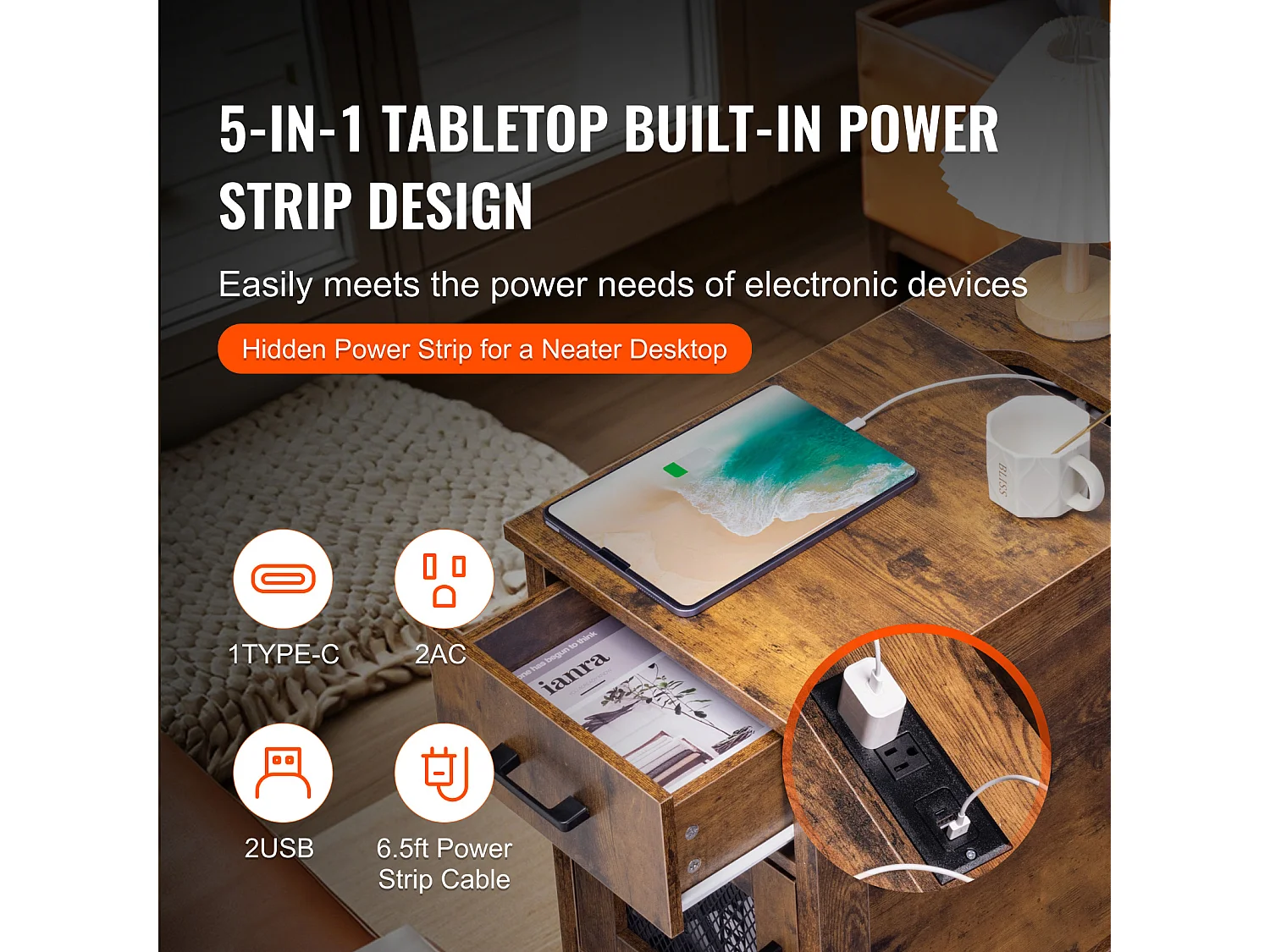 Table d'Appoint SucceBuy, Table d'Appoint Farmhouse avec USB, Rangement à 3 Niveaux, Burlywood