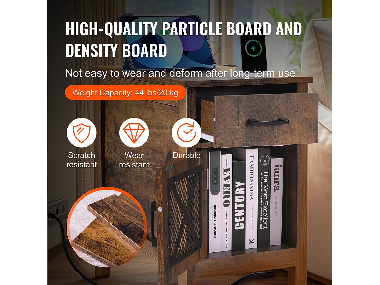 Table d'Appoint SucceBuy, Table d'Appoint Farmhouse avec USB, Rangement à 3 Niveaux, Burlywood