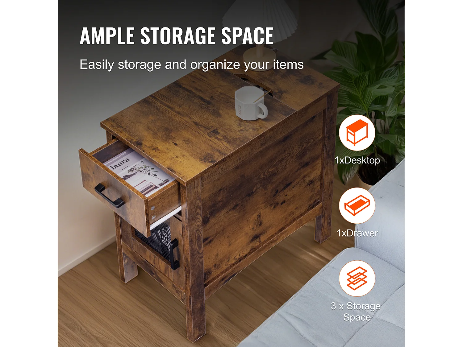 Table d'Appoint SucceBuy, Table d'Appoint Farmhouse avec USB, Rangement à 3 Niveaux, Burlywood