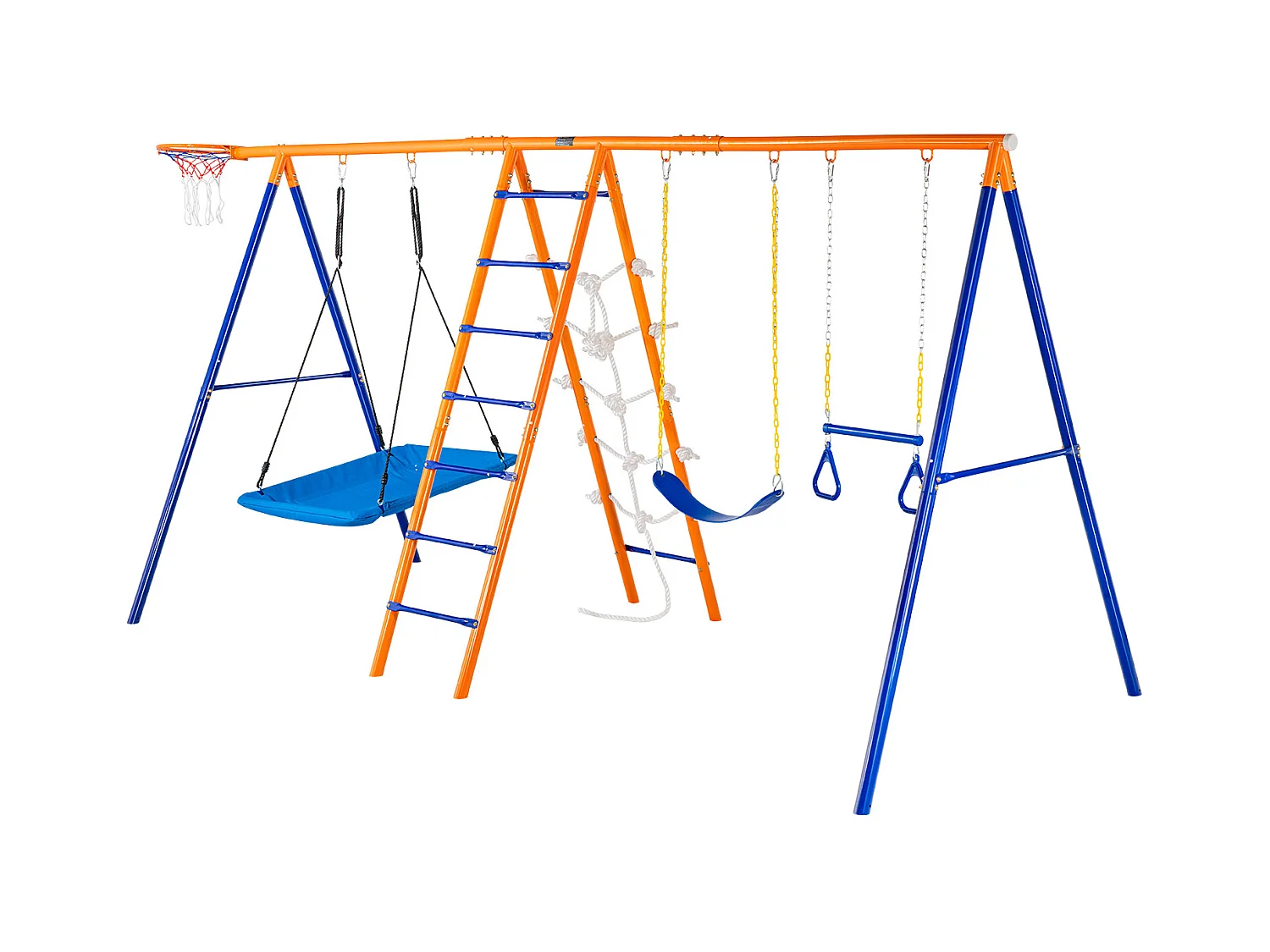 Ensemble Balançoires 6 en 1 SucceBuy 200 kg Métal 2 Balançoires Échelle Filet Basket-Ball pour le Jardin Design Stable Siège UV Poignées Sécurisées