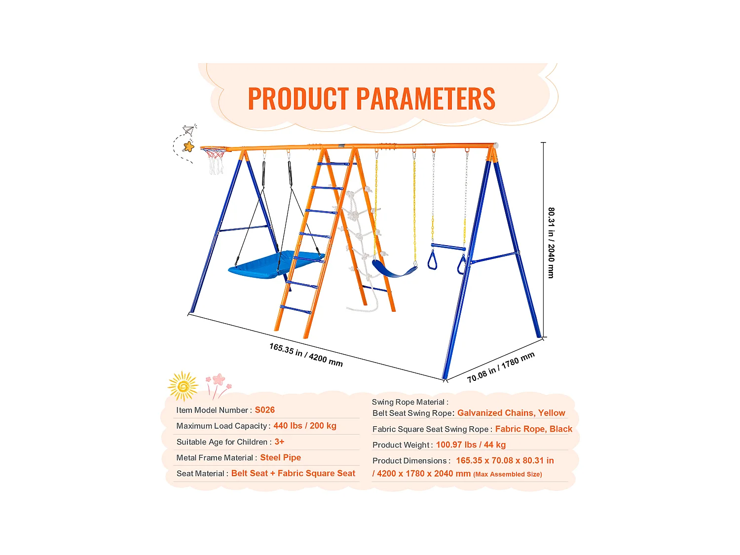 Ensemble Balançoires 6 en 1 SucceBuy 200 kg Métal 2 Balançoires Échelle Filet Basket-Ball pour le Jardin Design Stable Siège UV Poignées Sécurisées